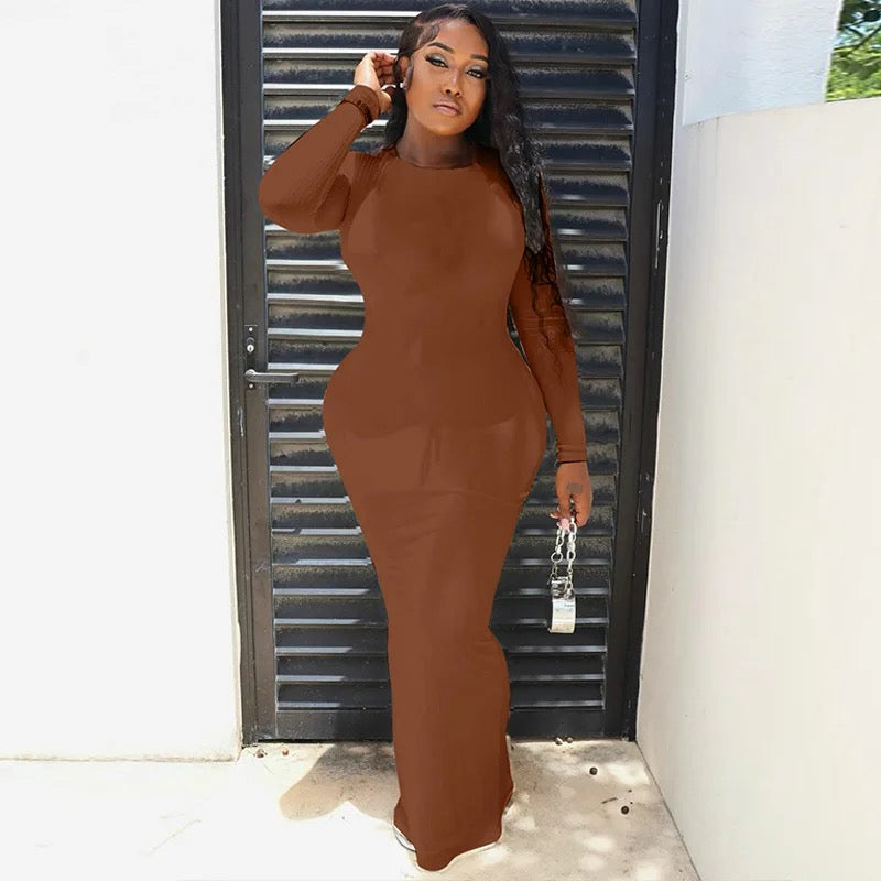 Monica Brown Ribbed Maxi Dress