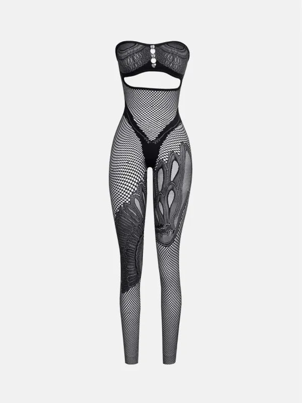 Obria Black Gray Mesh Poster Girl Shoulderless Jumpsuit