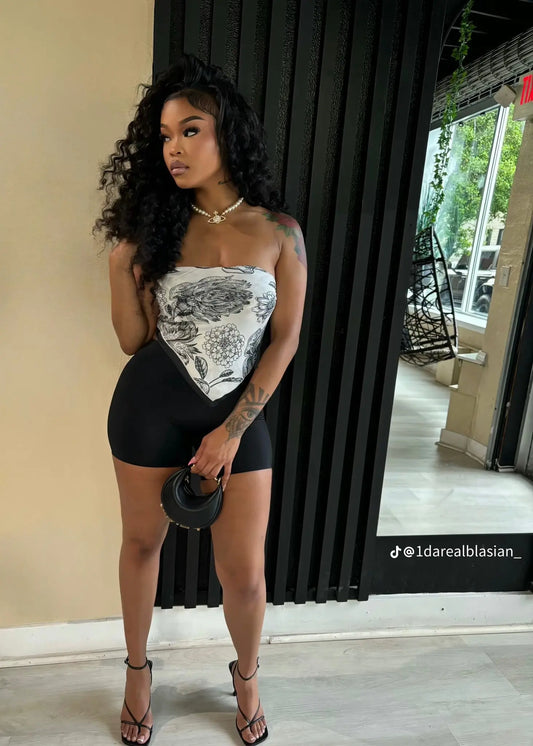 Renee Black Scarf Top & Biker Short Set