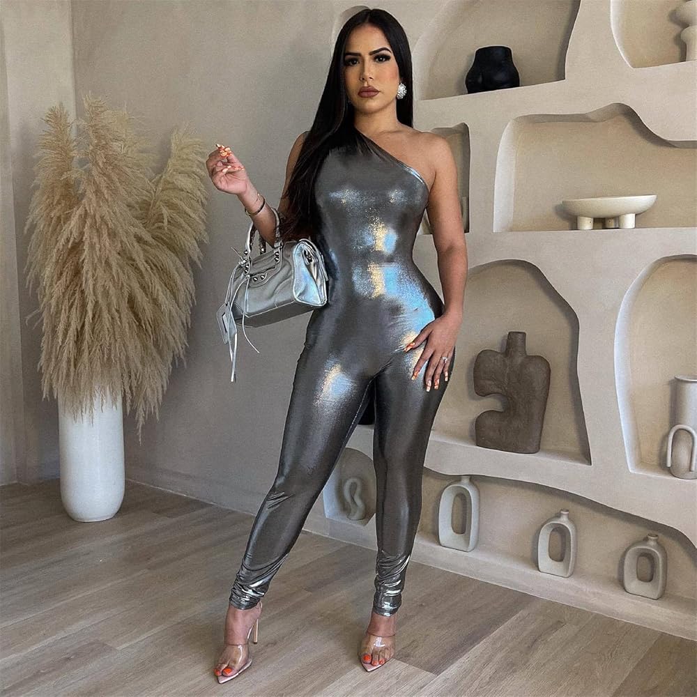 Arizona Gray Metallic One Shoulder Jumpsuit