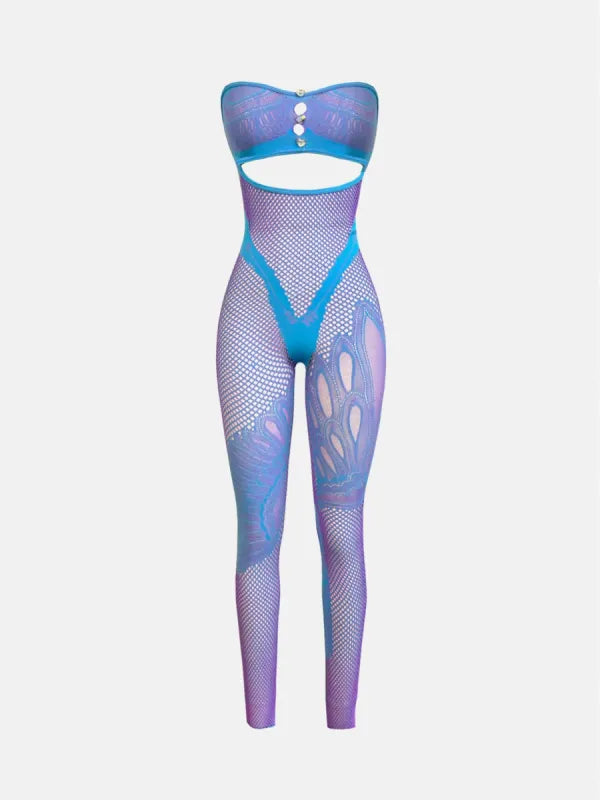 Obria Blue Pink Mesh Poster Girl Shoulderless Jumpsuit