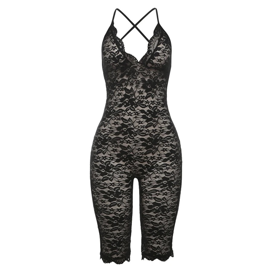 Ceia Black Backless Lace Romper