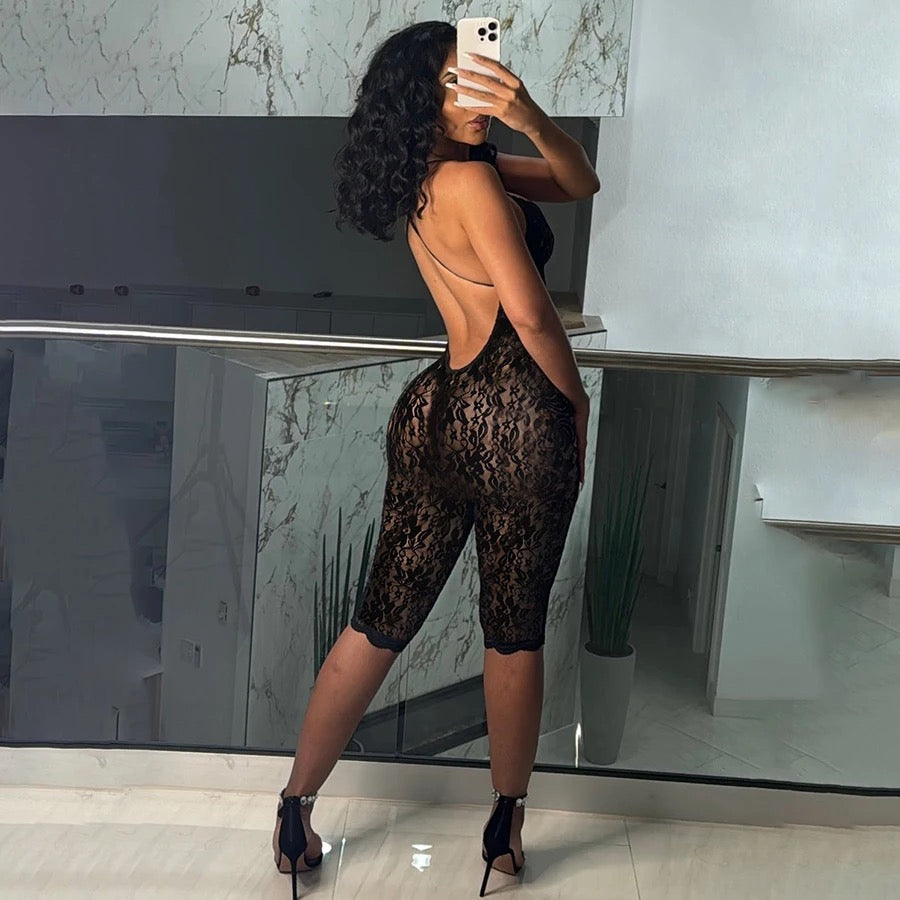 Ceia Black Backless Lace Romper