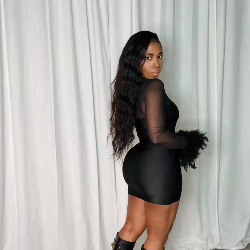 Kyhe Black Fur Wrist Mini Dress