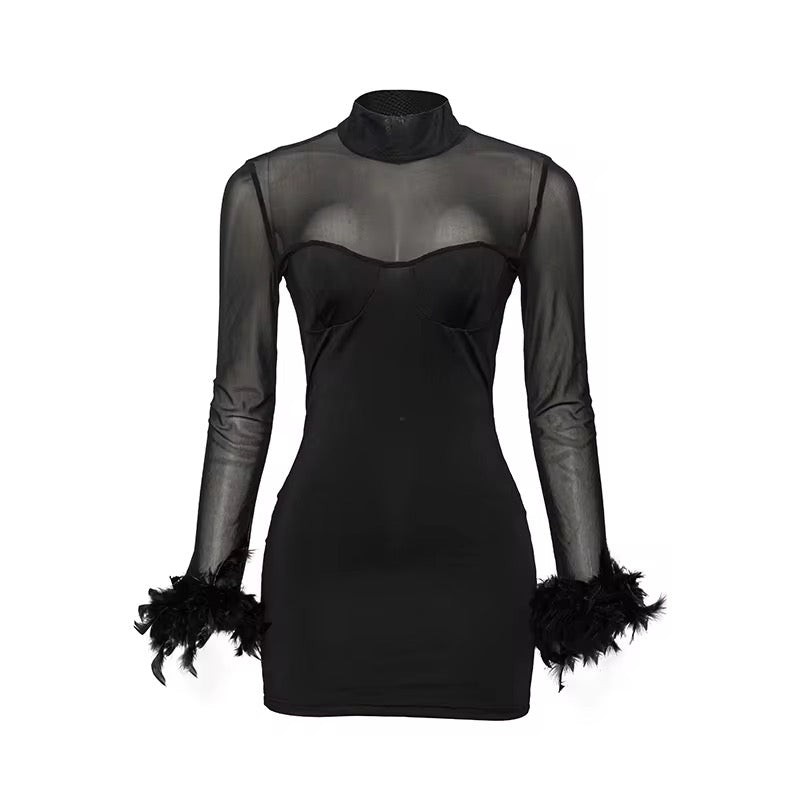 Kyhe Black Fur Wrist Mini Dress DAdore Collections Kyhe Black Fur Wrist Mini Dress DAdore Collections