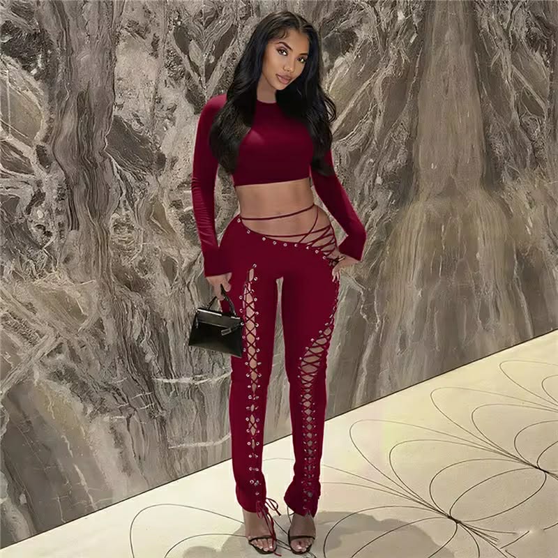 Jira Burgundy Lace Up Two Piece Set