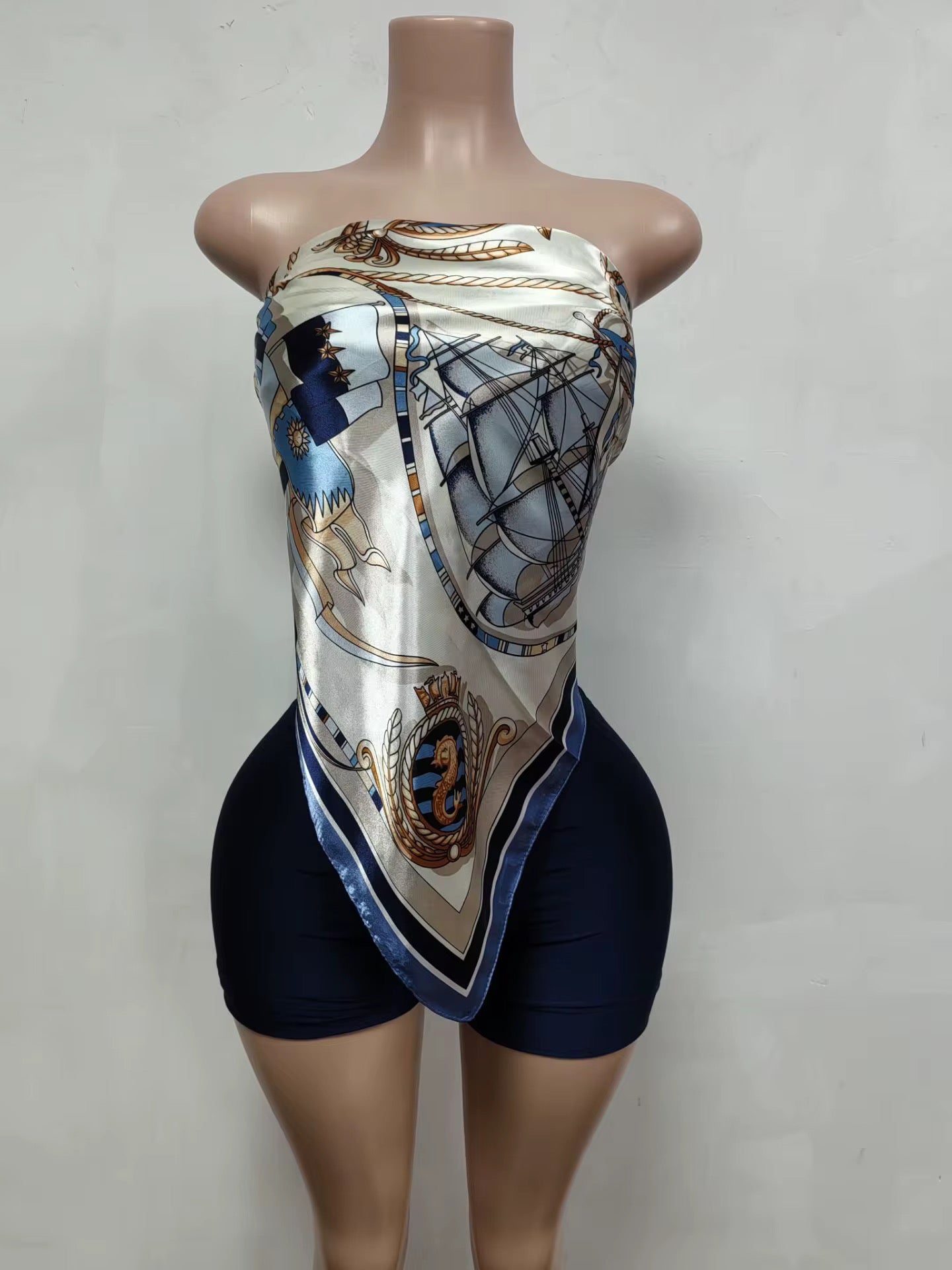Renee Navy Blue Scarf Top Shorts Set