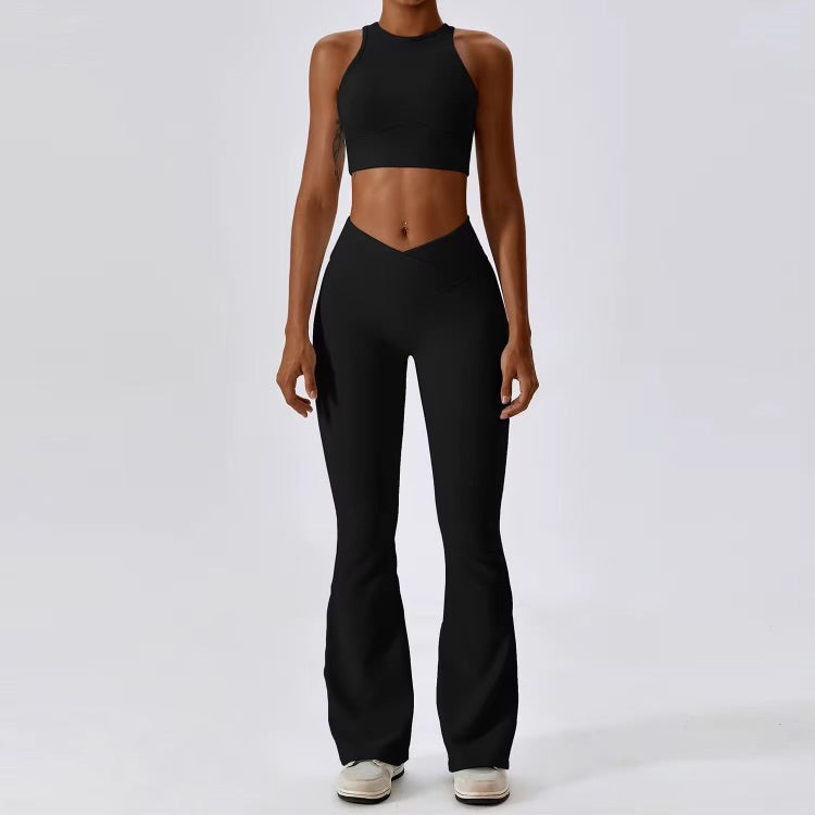 Raha Ribbed Black Adore Active Flare Pants Set