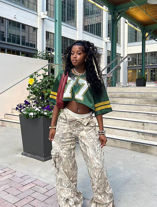 77 Green & Yellow Laced Jersey Crop Top