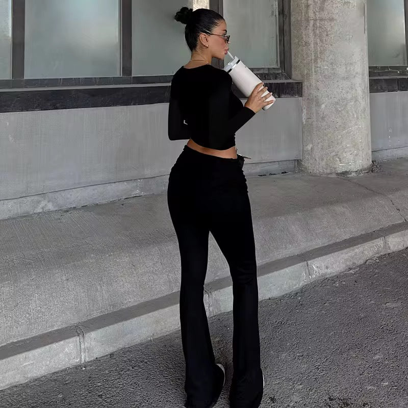 Xuo Black Long Sleeve Two Piece Set