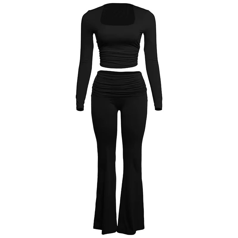 Xuo Black Long Sleeve Two Piece Set