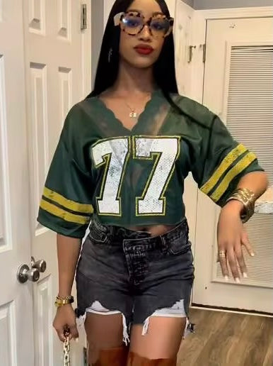 77 Green & Yellow Laced Jersey Crop Top