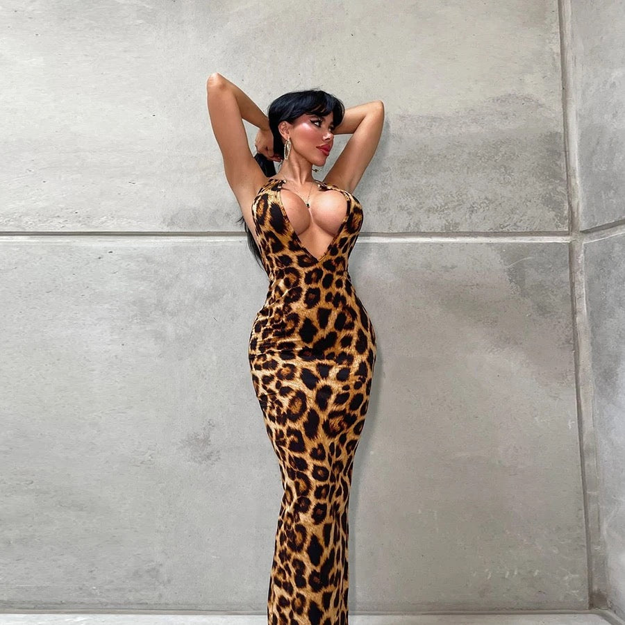 Maria Long Leopard Print Maxi Dress