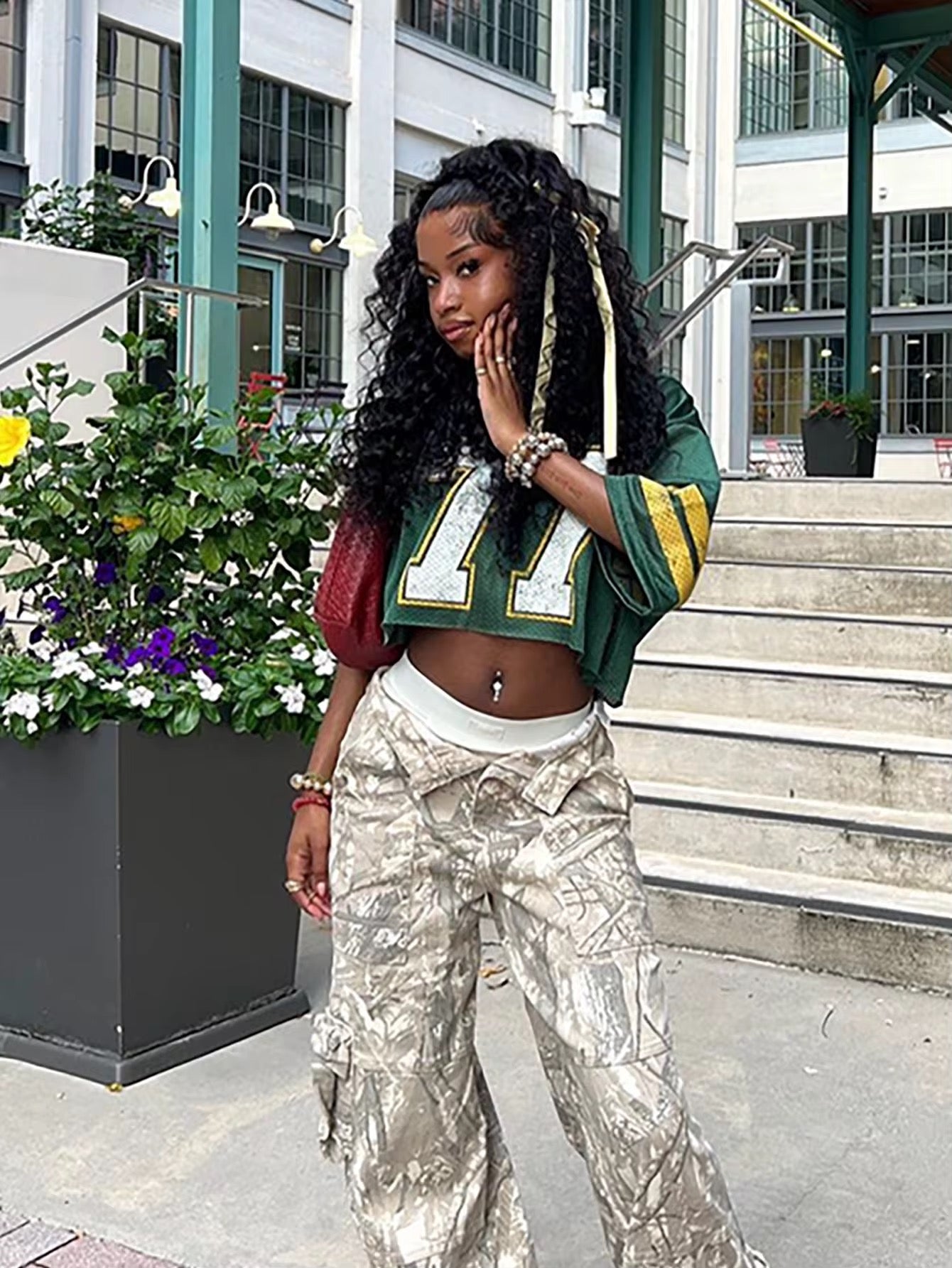 77 Green & Yellow Laced Jersey Crop Top