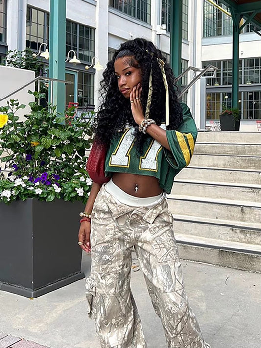 77 Green & Yellow Laced Jersey Crop Top