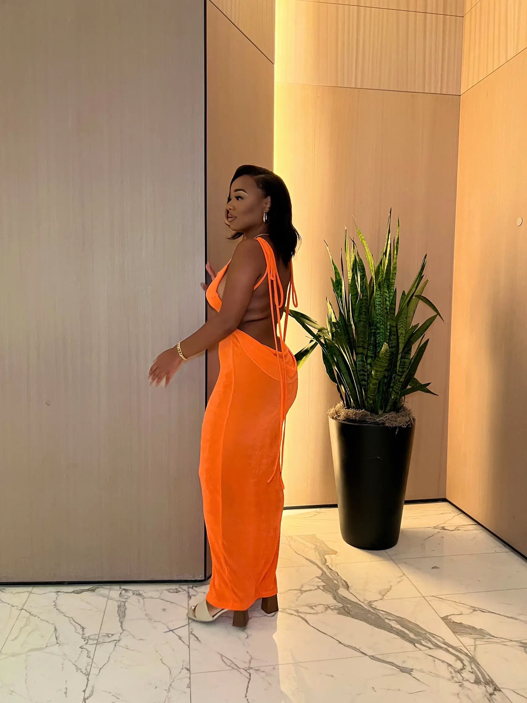 Rican Orange Backless Maxi Dress