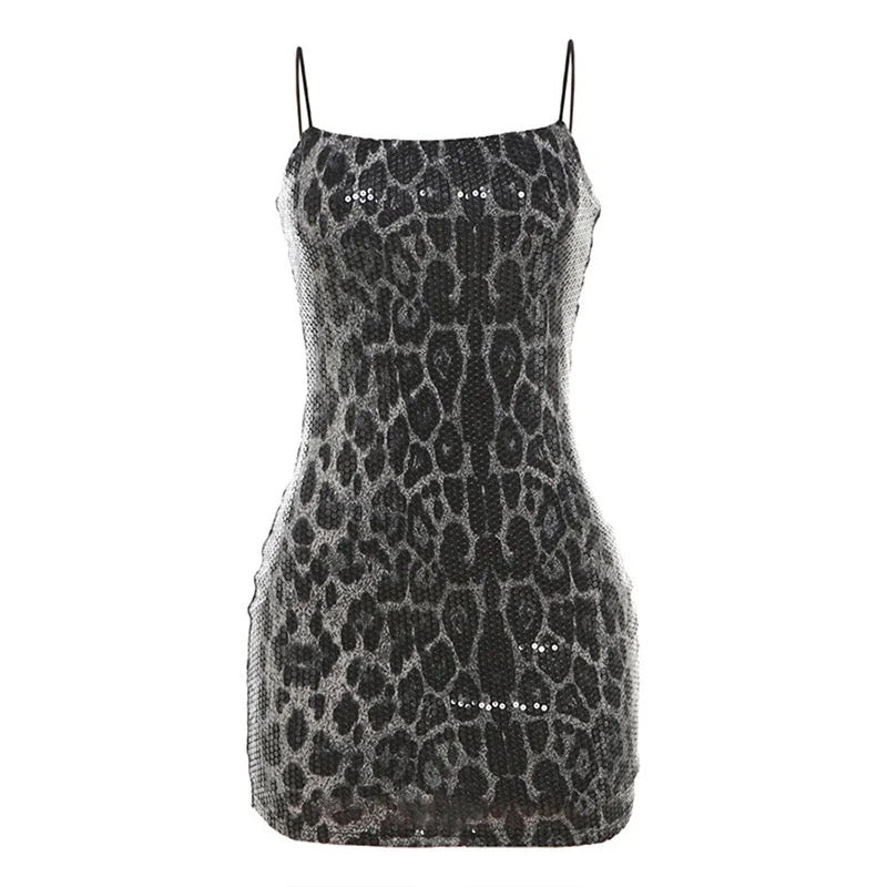 Valeria Black Sequined Animal Print Mini Dress