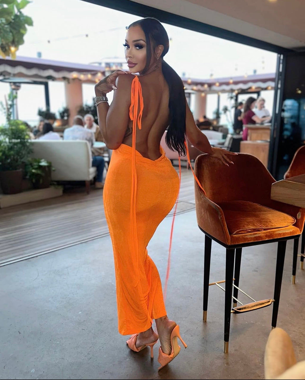 Rican Orange Backless Maxi Dress