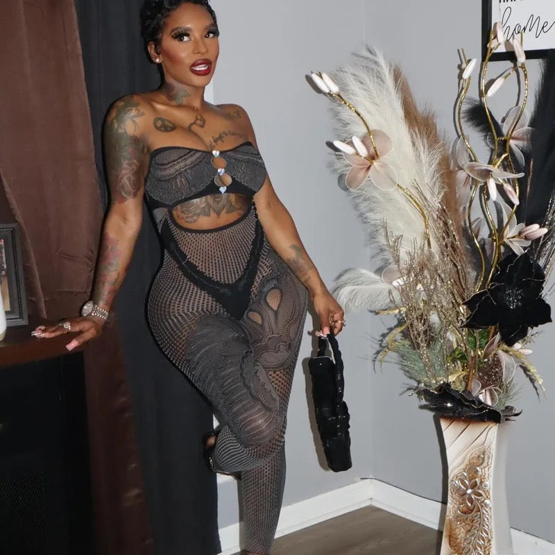 Obria Black Gray Mesh Poster Girl Shoulderless Jumpsuit