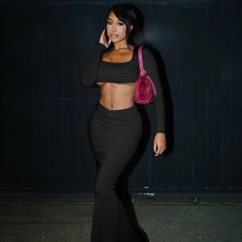 Jace Black Two Piece Ribbed Skirt Set