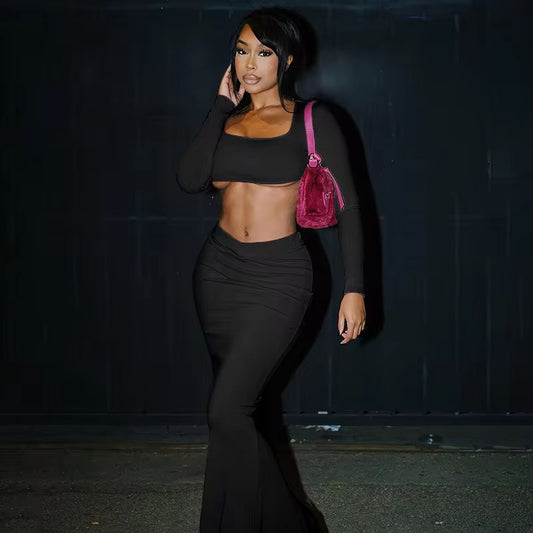 Jace Black Two Piece Ribbed Skirt Set