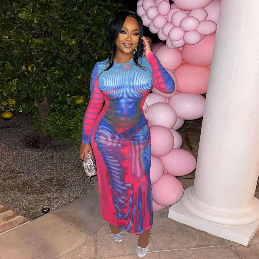Raila Blue Pink Bodyprint Maxi Dress