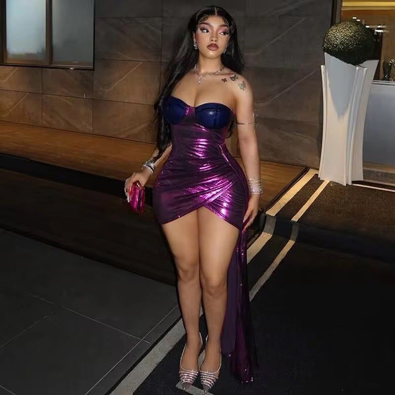 Emily Purple Shoulderless Metallic Mini Dress