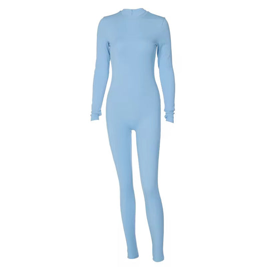 Leah Blue Ribbed Long Sleeve Jumpsuit