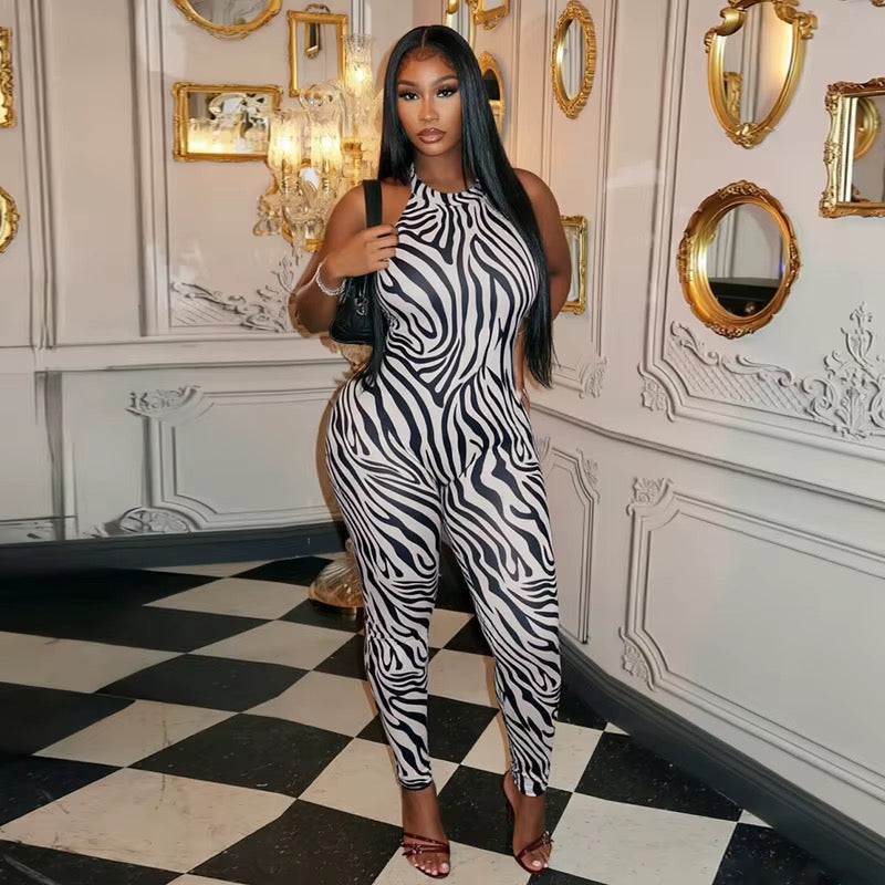 Jeti Zebra Print Backless Jumpsuit