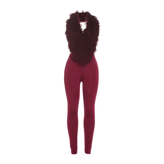 Pioa Burgundy Fur Top Two Piece Pants Set