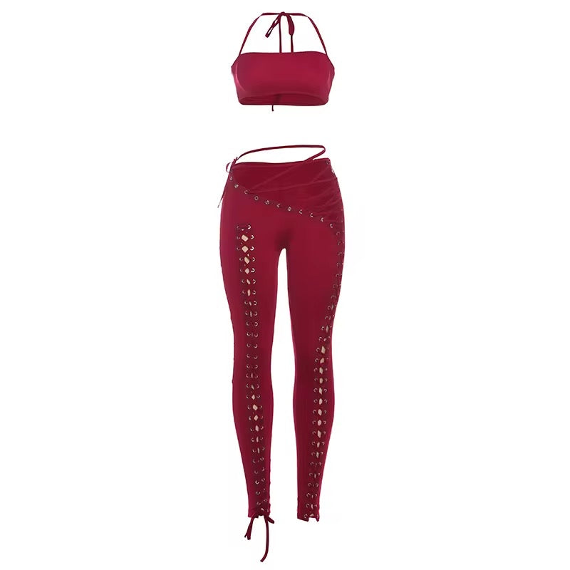 Kieo Burgundy Lace Up Two Piece Set