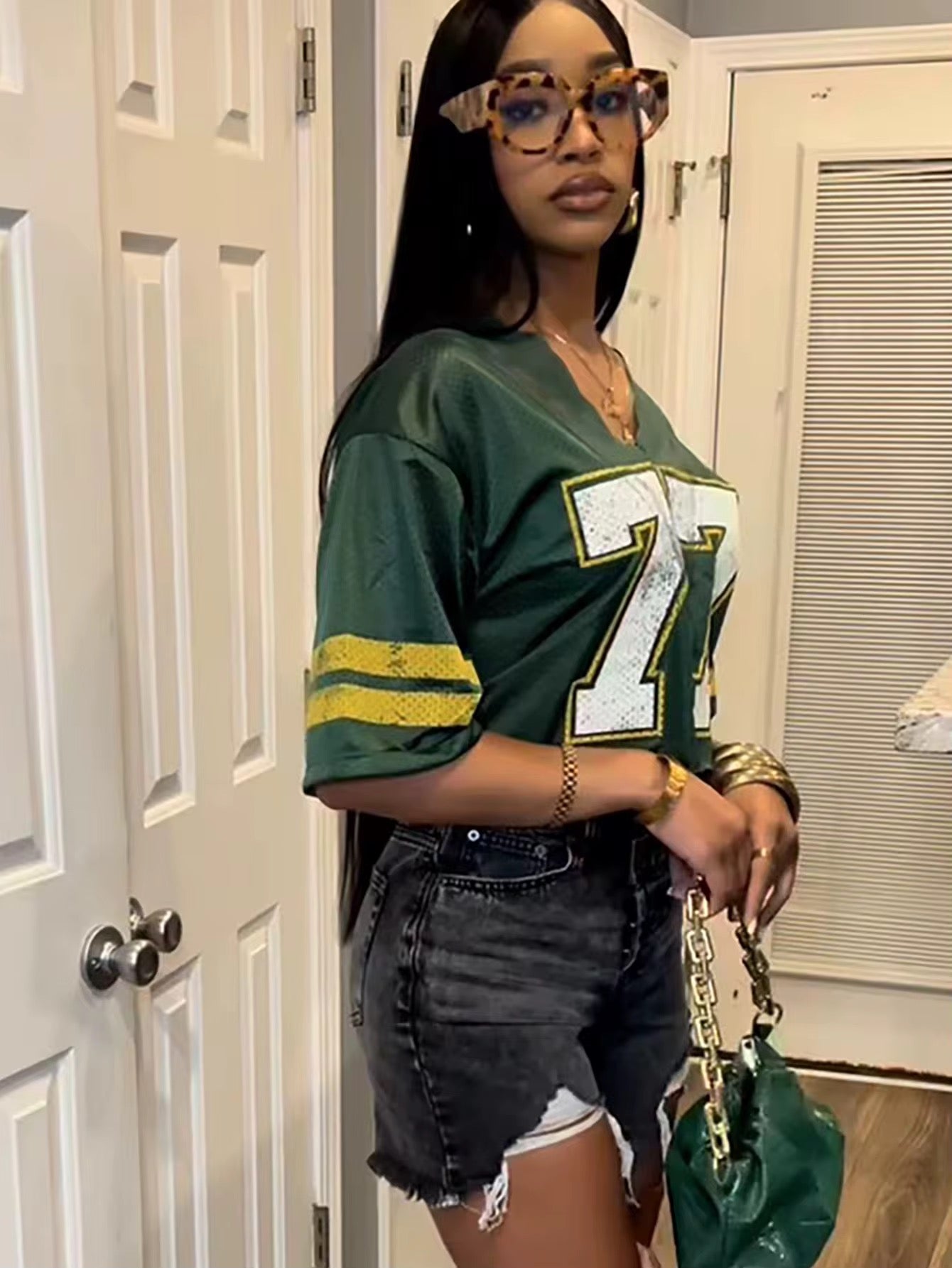 77 Green & Yellow Laced Jersey Crop Top