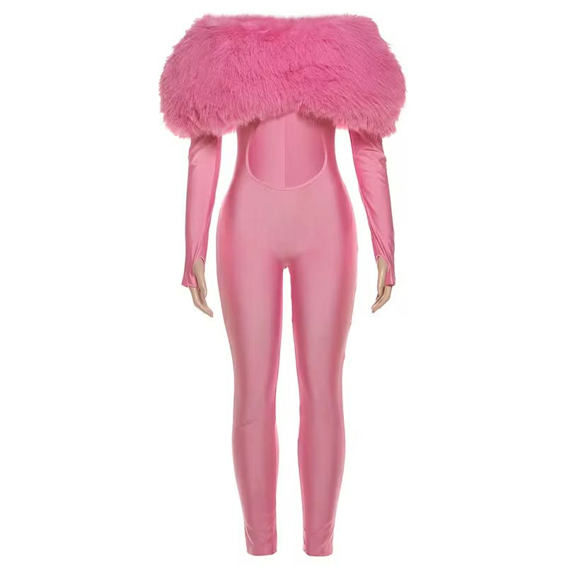 Myai Pink Fur Top Shoulderless Jumpsuit