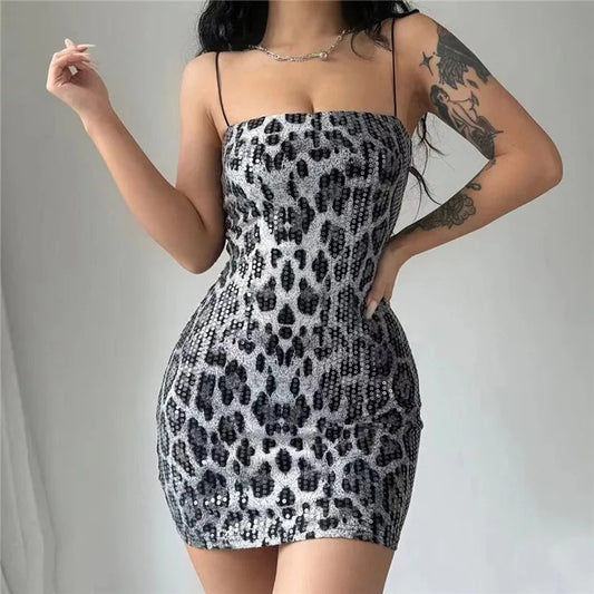 Valeria Black Sequined Animal Print Mini Dress