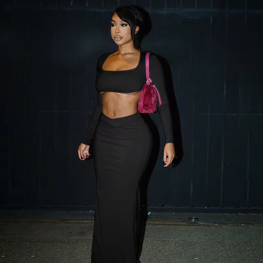 Jace Black Two Piece Ribbed Skirt Set