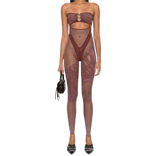 Obria | Brown Mesh Poster Girl Shoulder-less Jumpsuit