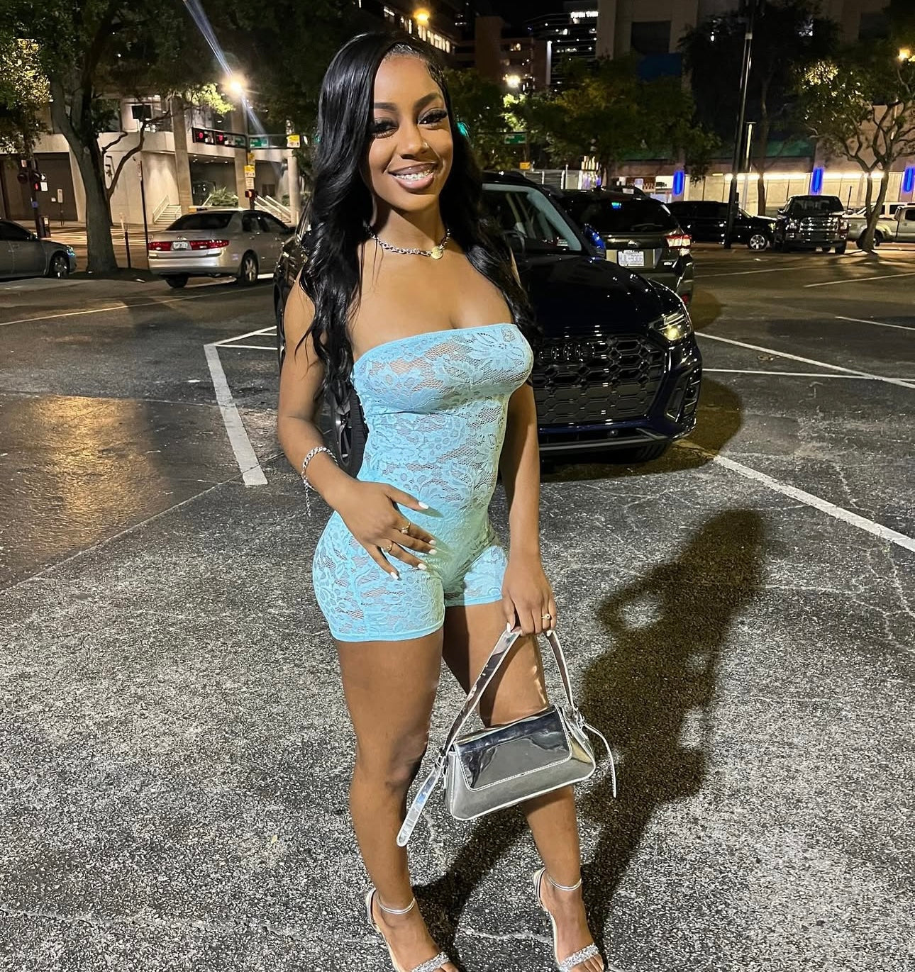 Rei Blue Lace Halter Top Romper