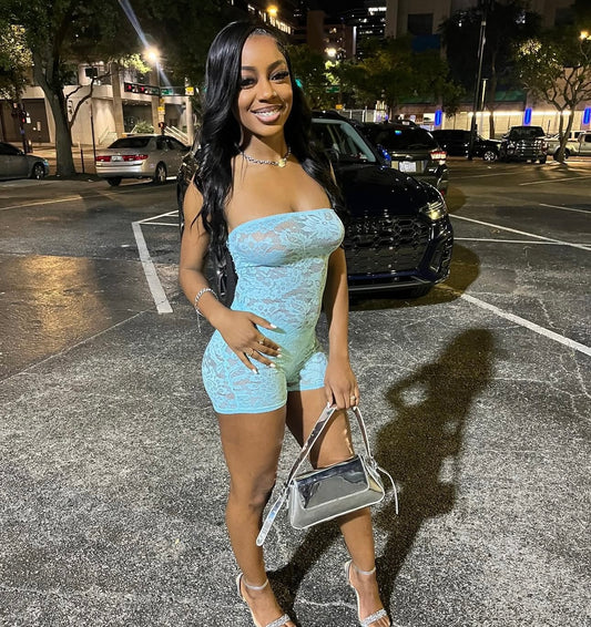 Rei Blue Lace Halter Top Romper