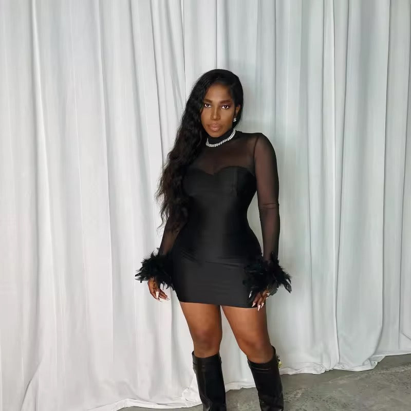 Kyhe Black Fur Wrist Mini Dress