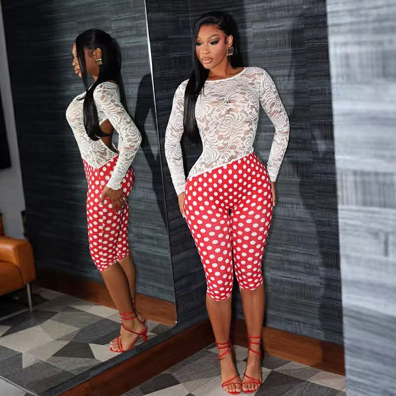 Fyia Red Lace Polka Dot Romper