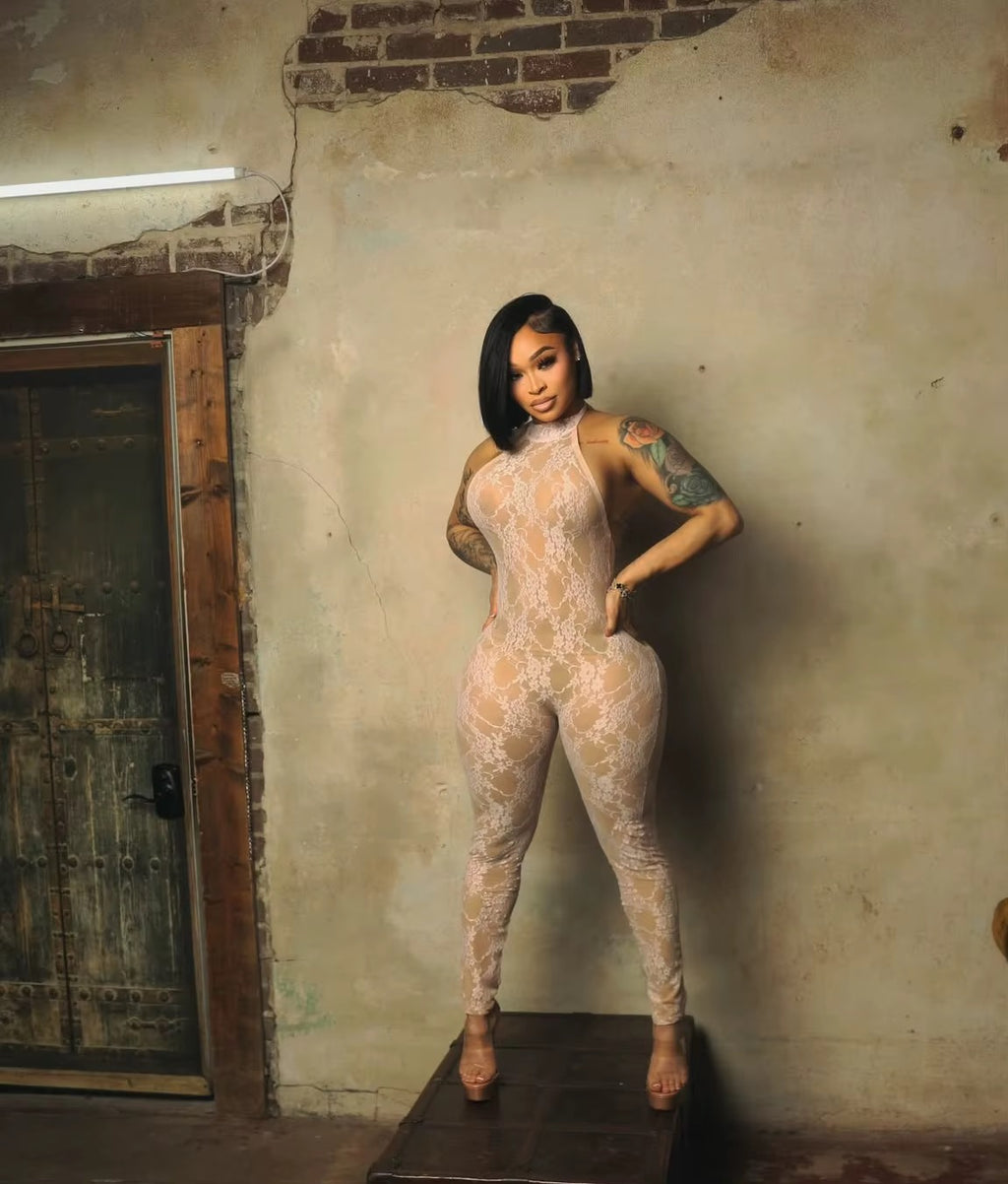 Jaei Nude Pink Backless Lace Jumpsuit
