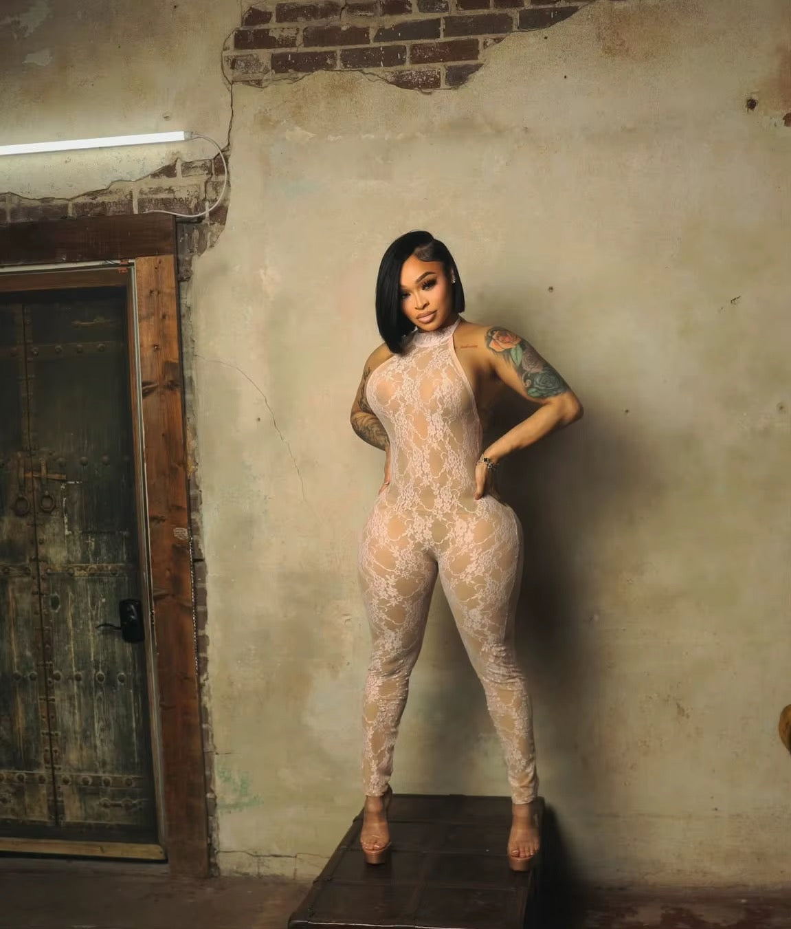 Jaei Nude Pink Backless Lace Jumpsuit