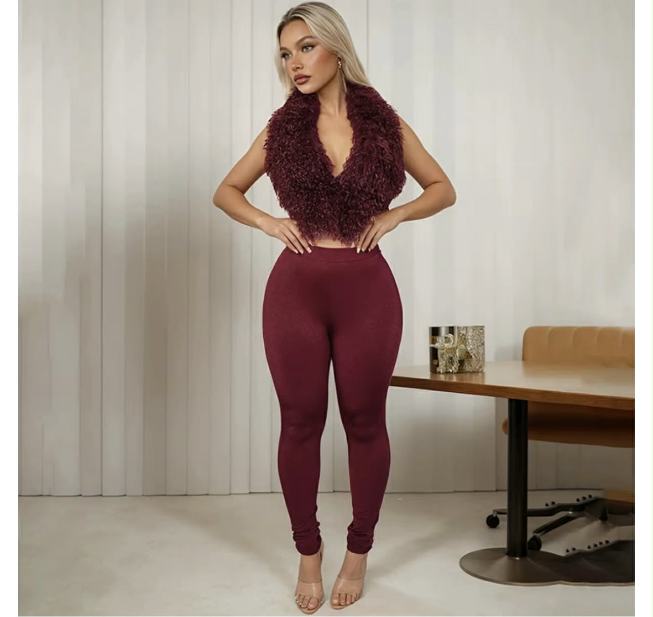 Pioa Burgundy Fur Top Two Piece Pants Set