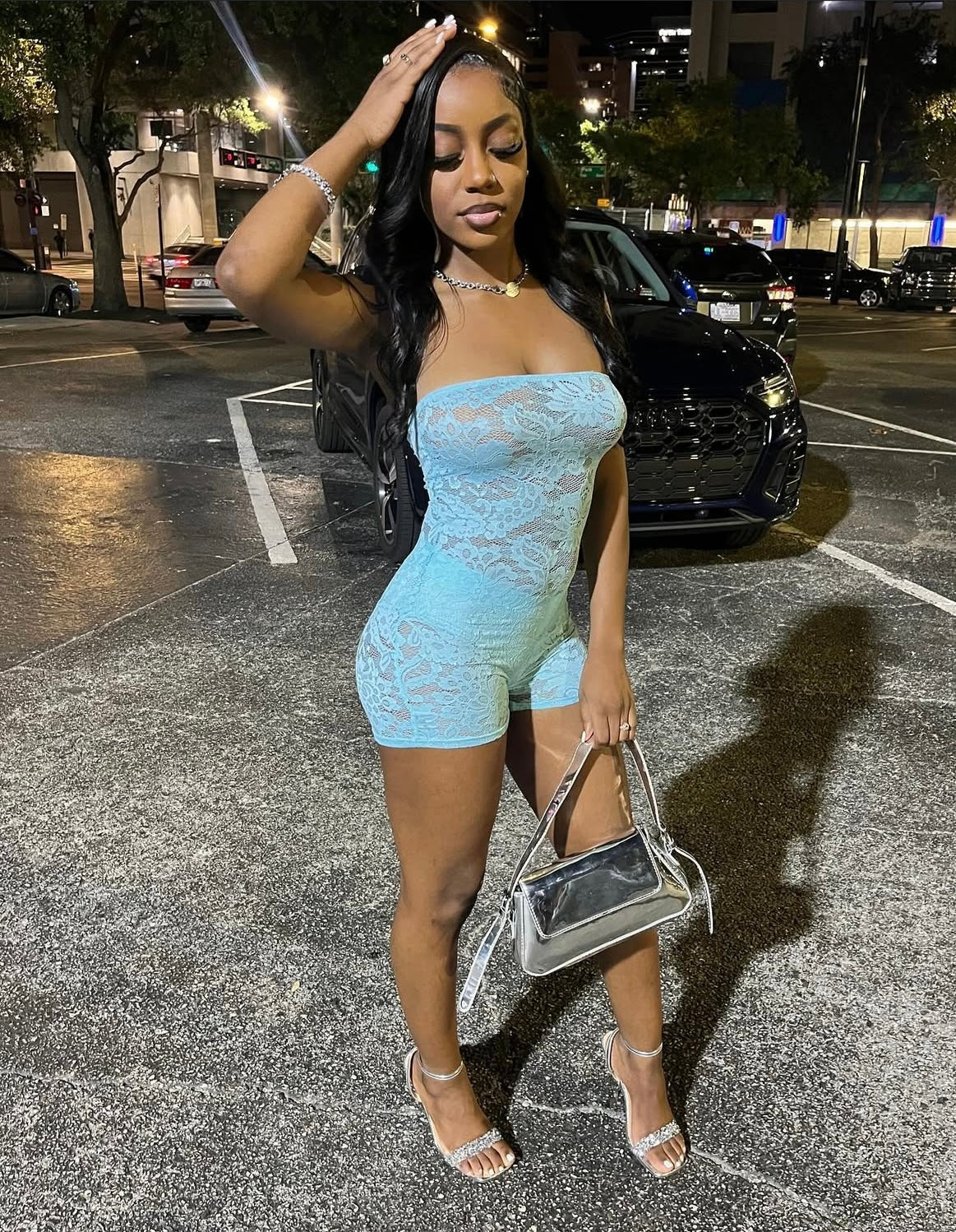 Rei Blue Lace Halter Top Romper