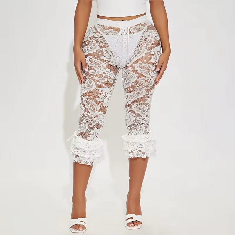 Mona White Lace Capri Bow Style Leggings