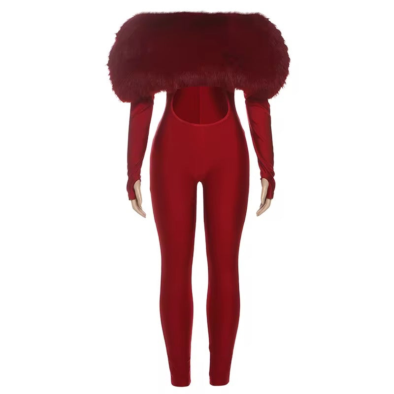 Myai Burgundy Fur Top Shoulderless Jumpsuit