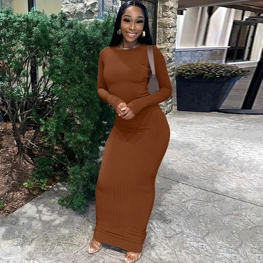 Monica Brown Ribbed Maxi Dress