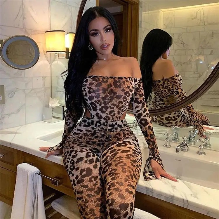 Aurio Leopard Print Two Piece Shoulderless Set