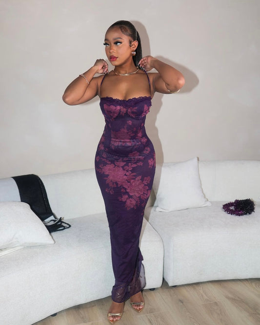 Sica Elegant Floral Purple Maxi Dress