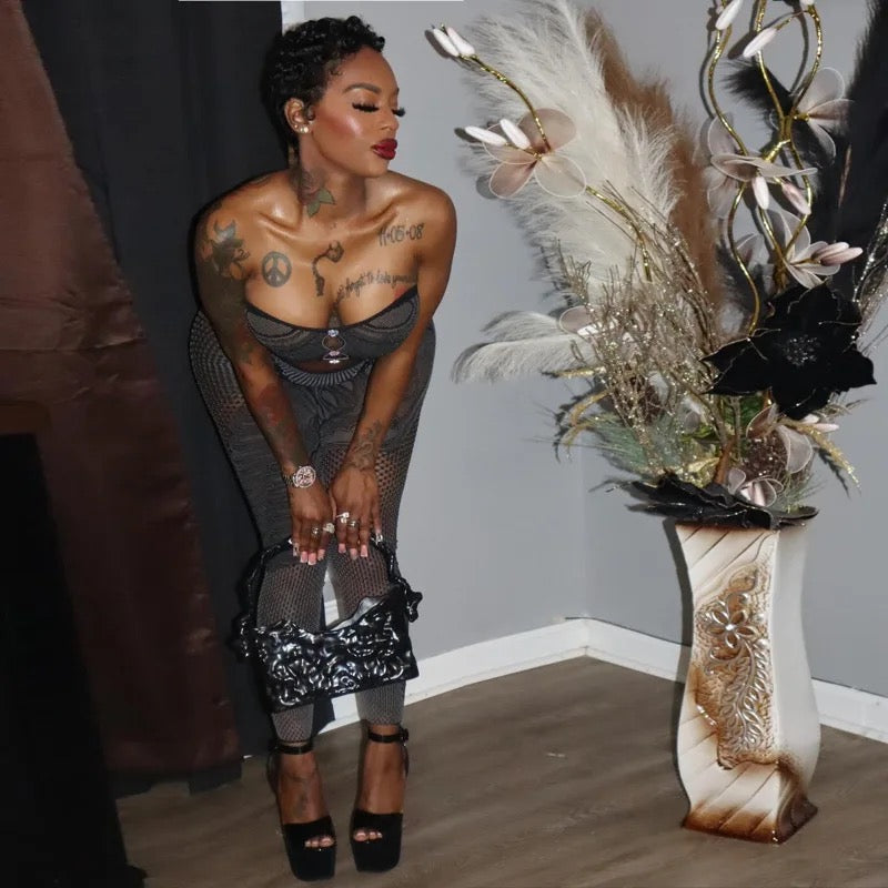 Obria Black Gray Mesh Poster Girl Shoulderless Jumpsuit